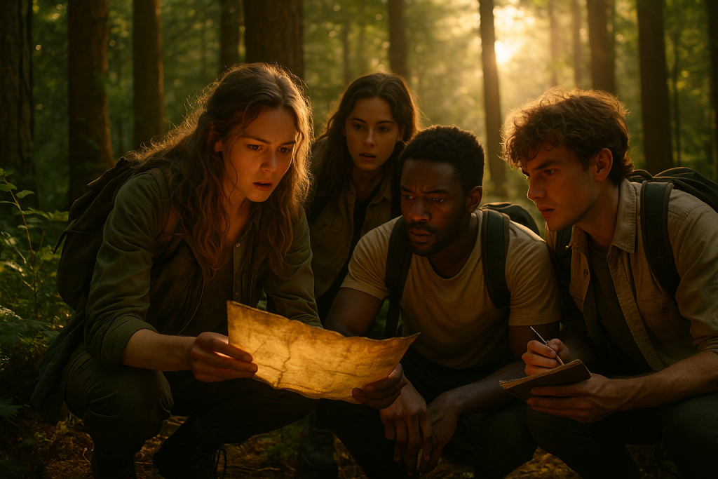 Group solving clues in a forest during a cash hunt